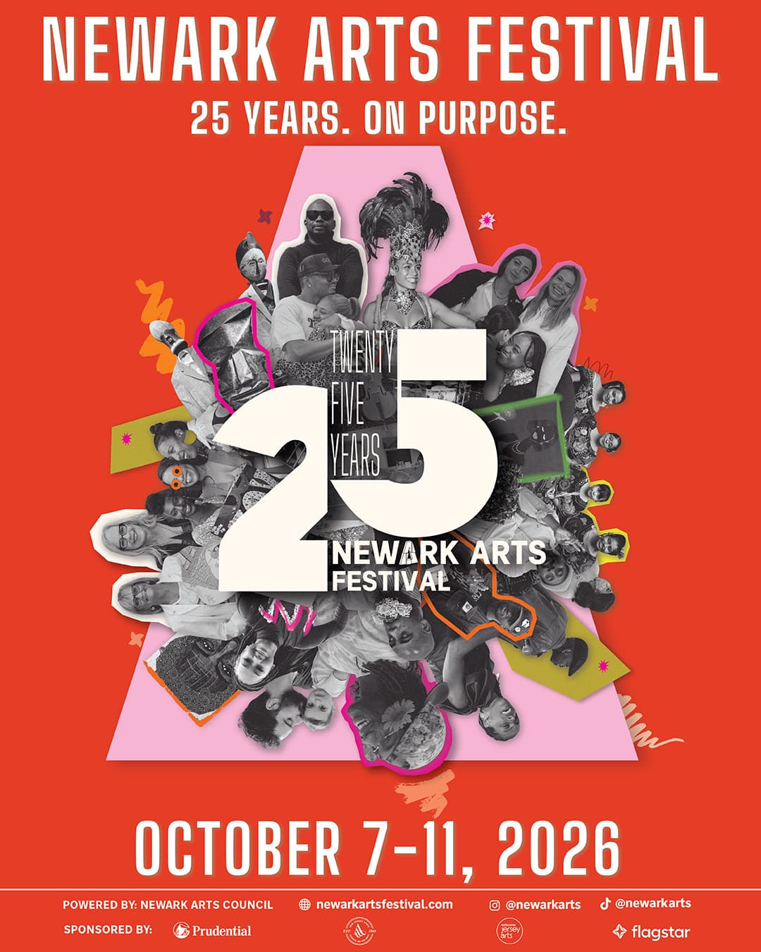 Newark Arts Festival 2026 poster, features a collage of past festival events photos and the 25th anniversary logo